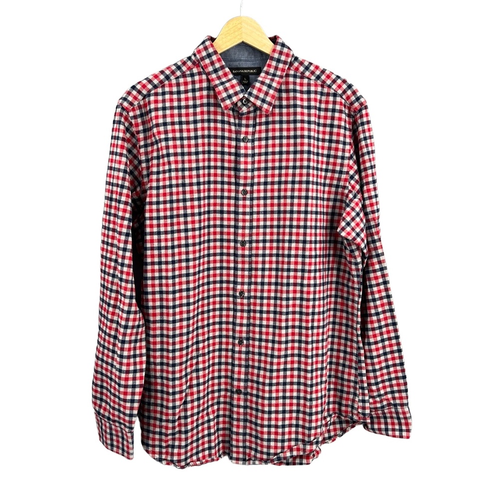 Banana Republic Men’s Plaid Button Down Shirt‎ Red Navy White Long Sleeve L